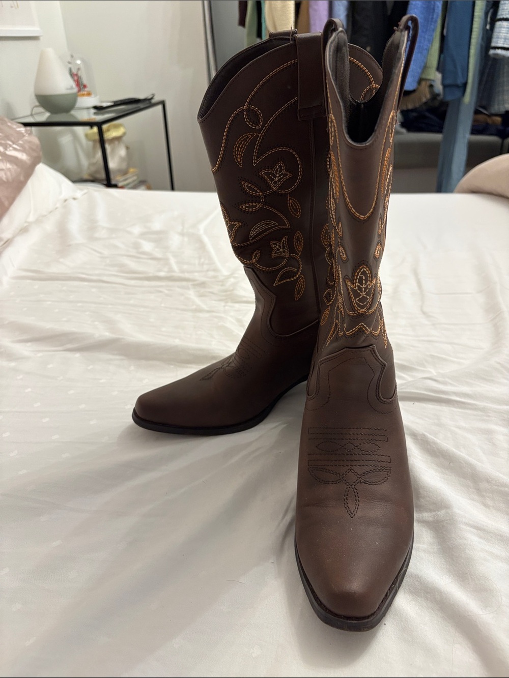 Brown Embroidered Western Heeled Boots - Women